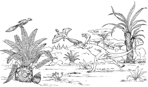 Ornitholestes Chasing Archaeopteryx Coloring Page